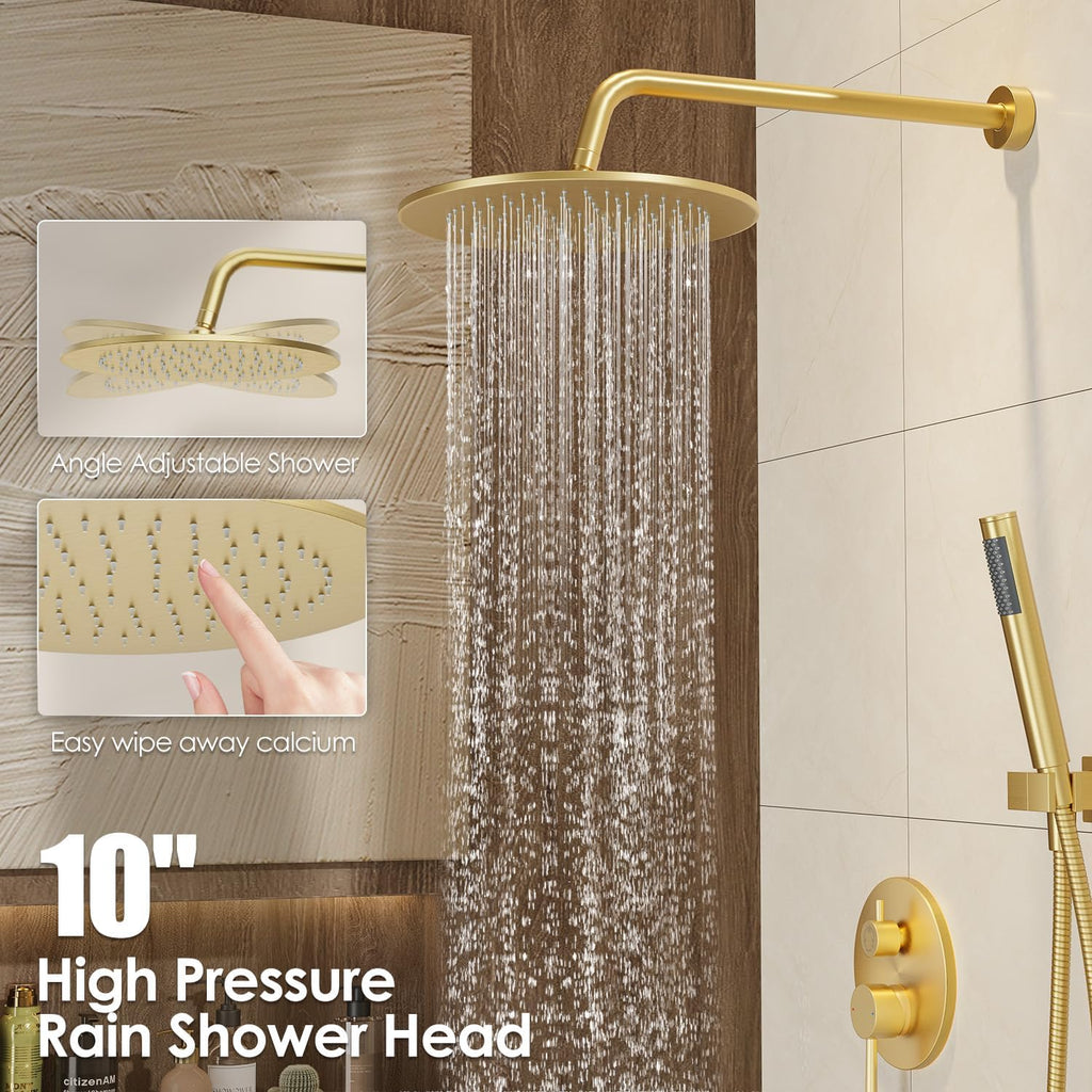 Brushed Gold Bathtub Shower Faucet Set with Tub Spout, 10 Inch Wall Mounted High Pressure Rainfall Shower Head with Handheld Combo, 3-Way Diverter Valve Complete Bathroom Shower Fixtures