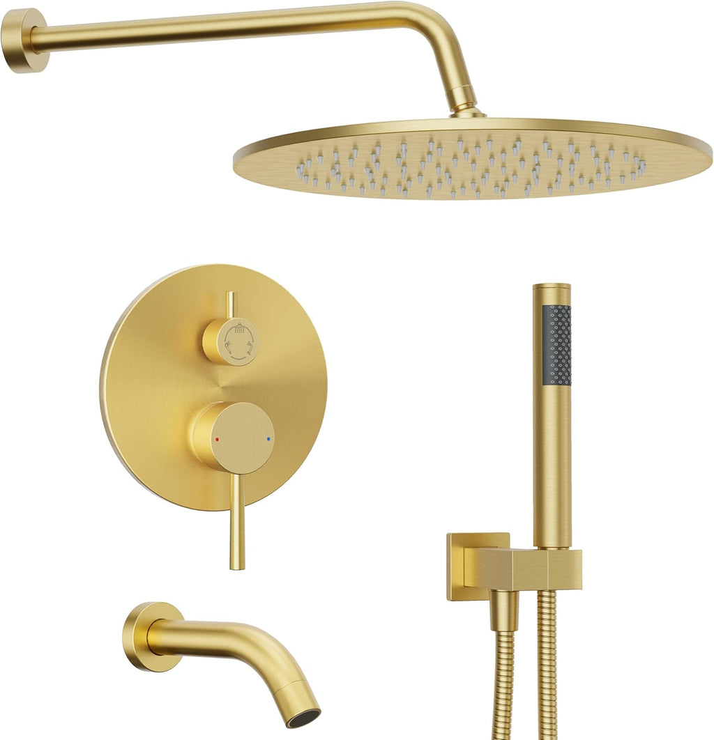 Brushed Gold Bathtub Shower Faucet Set with Tub Spout, 10 Inch Wall Mounted High Pressure Rainfall Shower Head with Handheld Combo, 3-Way Diverter Valve Complete Bathroom Shower Fixtures
