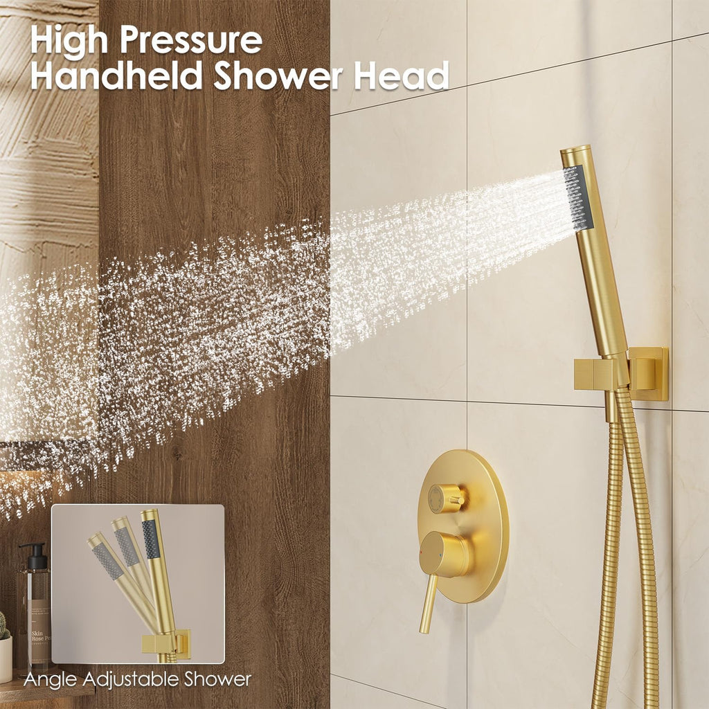 Brushed Gold Bathtub Shower Faucet Set with Tub Spout, 10 Inch Wall Mounted High Pressure Rainfall Shower Head with Handheld Combo, 3-Way Diverter Valve Complete Bathroom Shower Fixtures