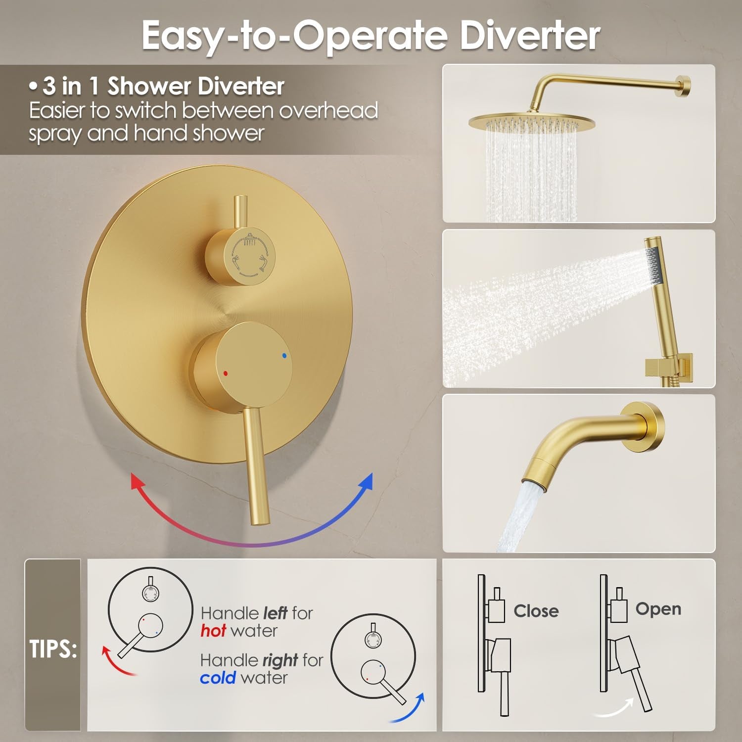 Brushed Gold Bathtub Shower Faucet Set with Tub Spout, 10 Inch Wall Mounted High Pressure Rainfall Shower Head with Handheld Combo, 3-Way Diverter Valve Complete Bathroom Shower Fixtures