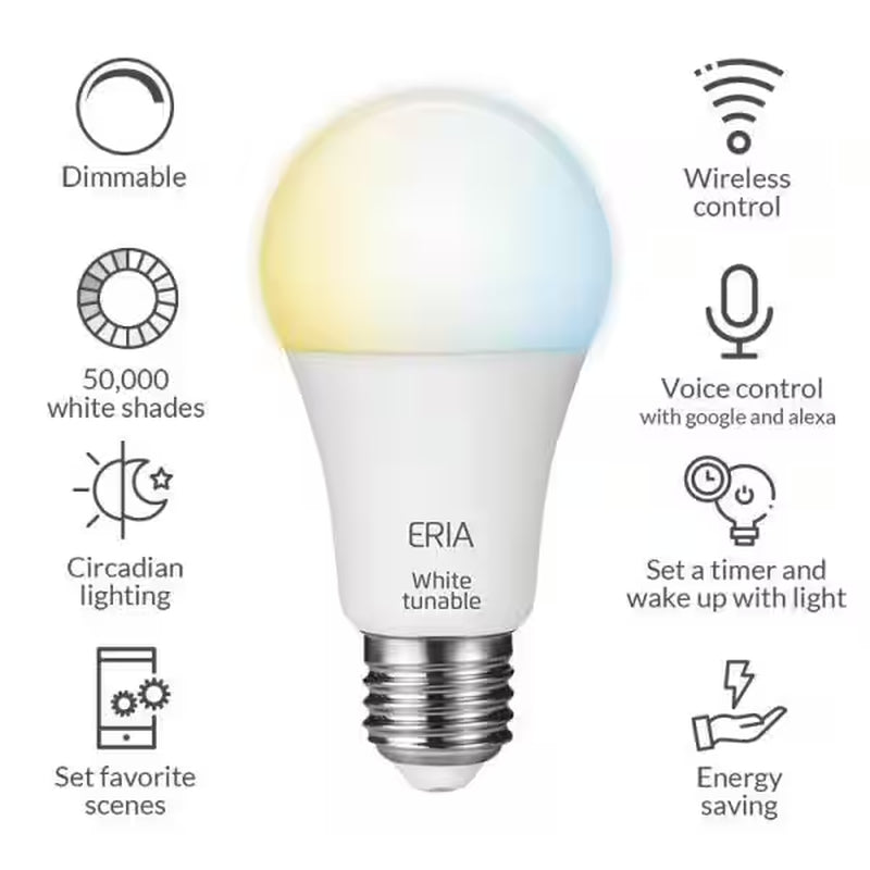 ERIA Tunable White 60-Watt Equivalent A19 Dimmable CRI 90+ Wireless Smart LED Light Bulb