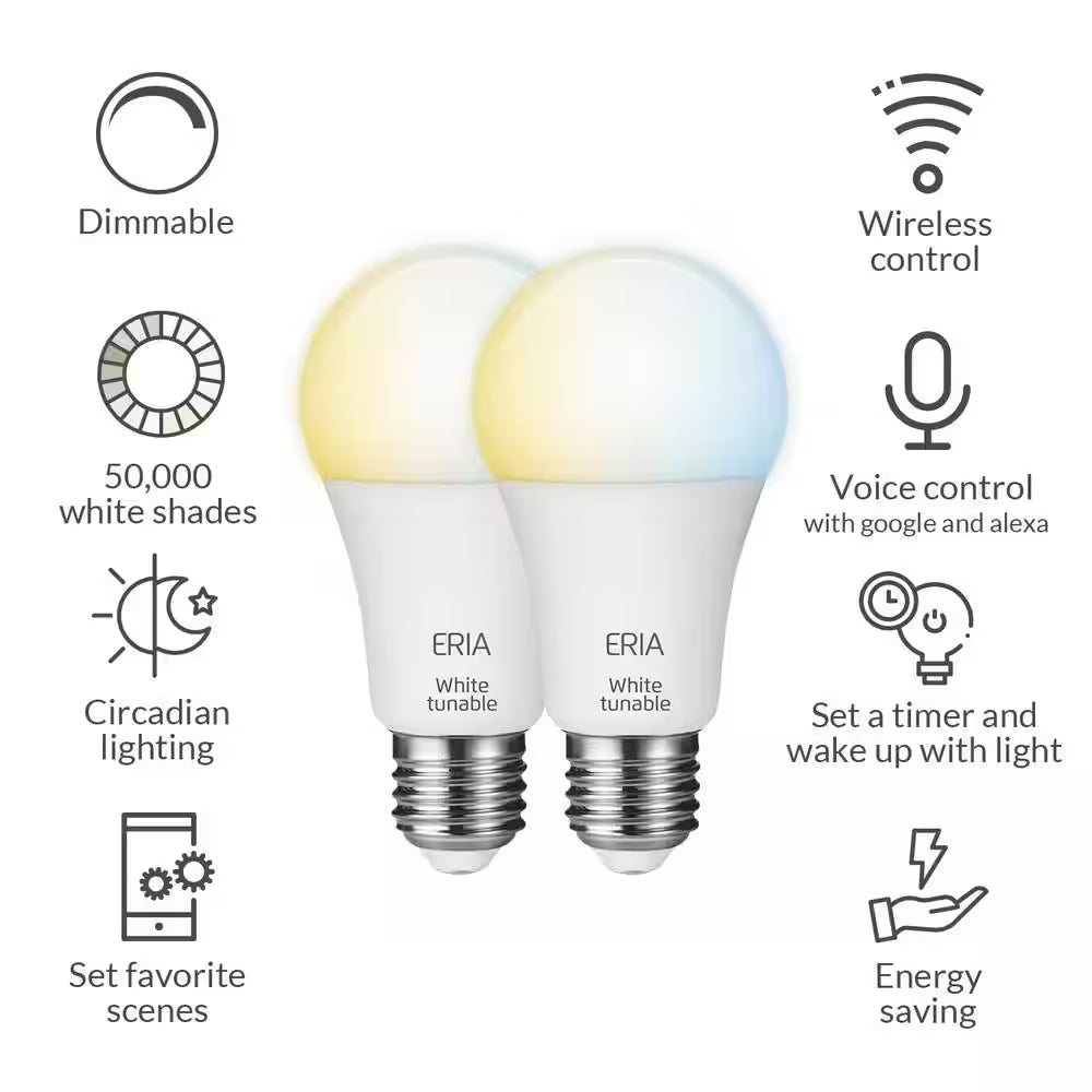 ERIA 60-Watt Equivalent A19 Dimmable CRI 90 plus Wireless Smart LED Light Bulb Tunable White (2-Pack)